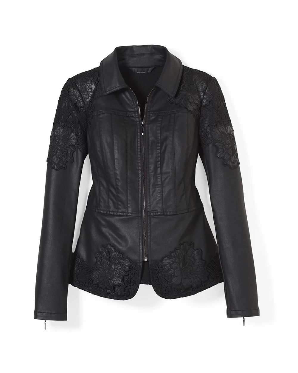 Coated Denim & Lace Motorcycle Jacket White House Black Market