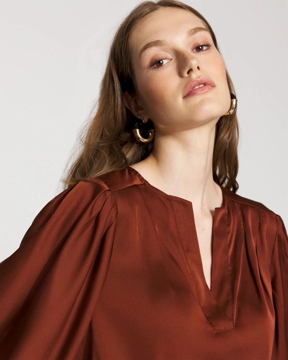 Petite Pleated Sleeve Satin Blouse