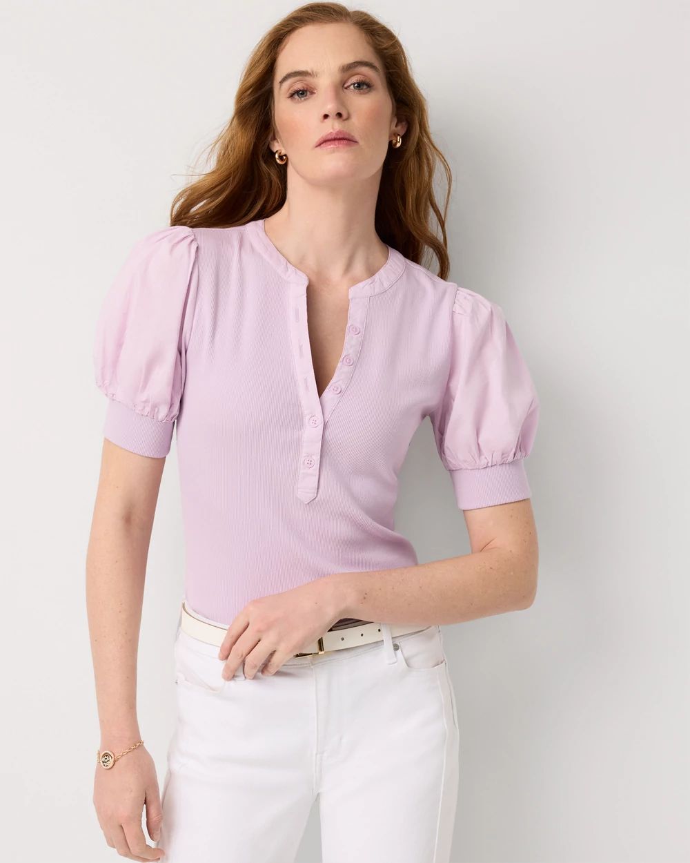 Poplin Puff Sleeve Henley Top
