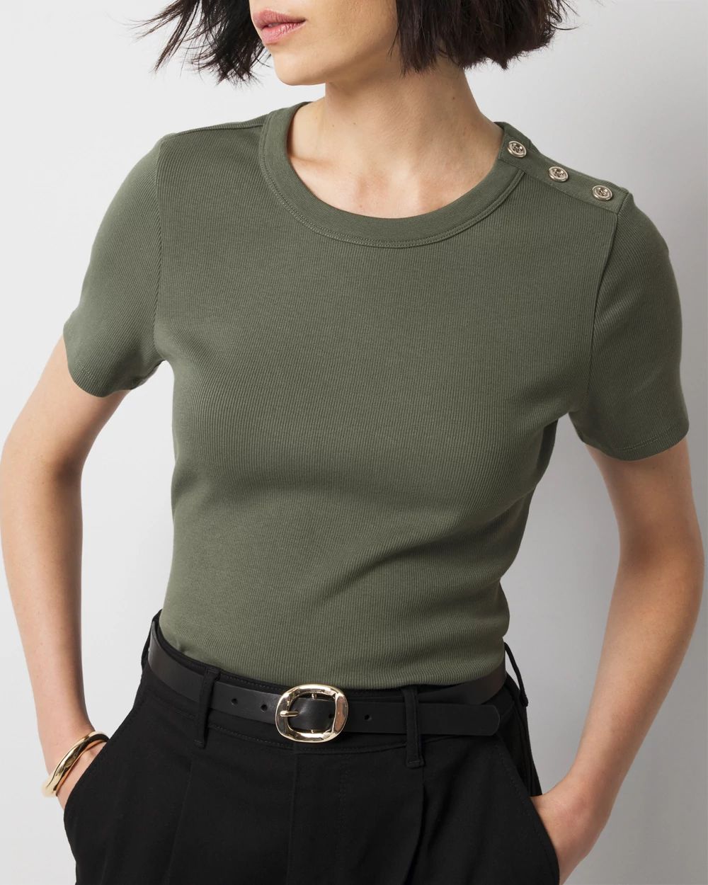 WHBM® FORME Ribbed Stretch Button Shoulder Tee