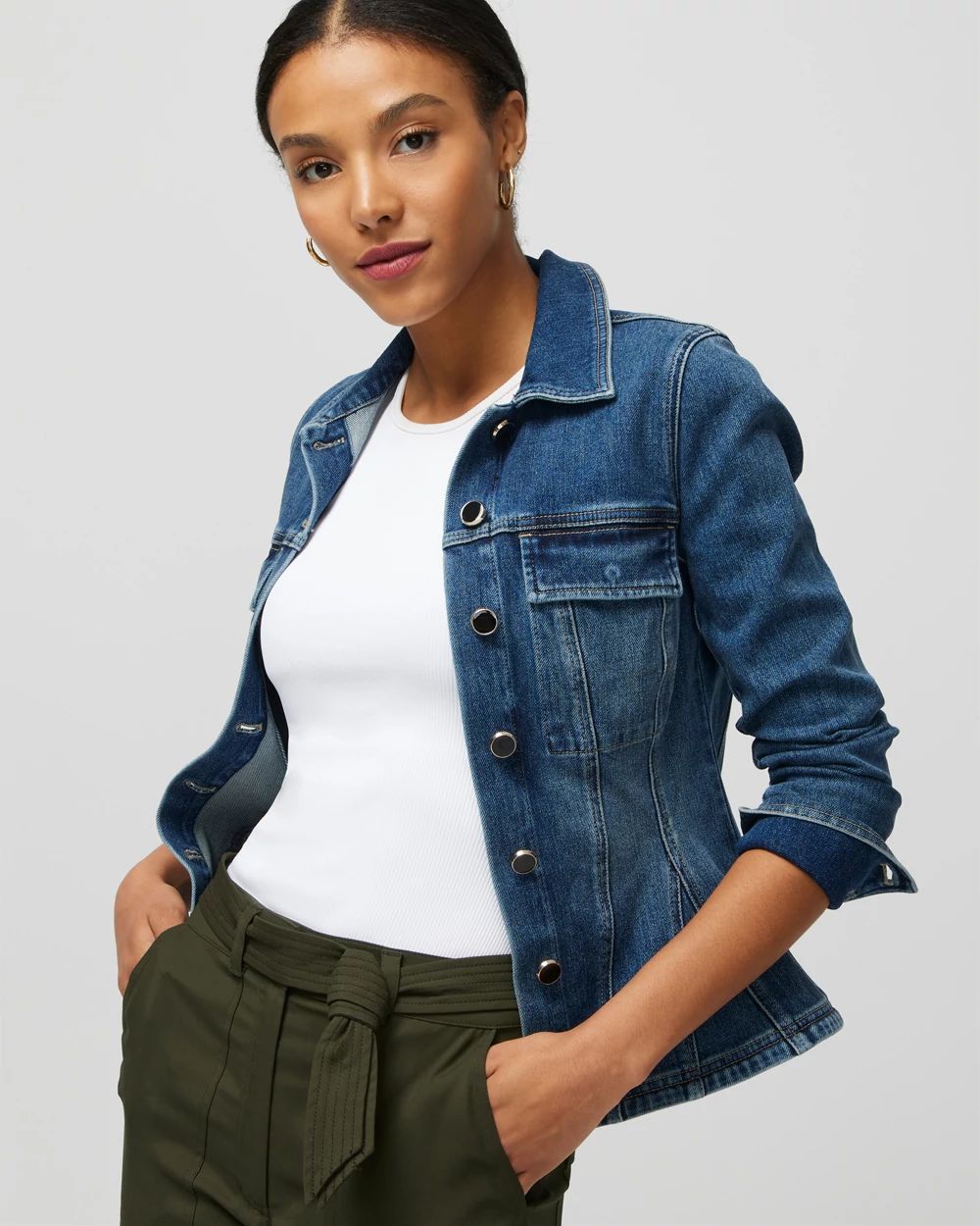 Petite Fit & Flair Denim Shacket click to view larger image.
