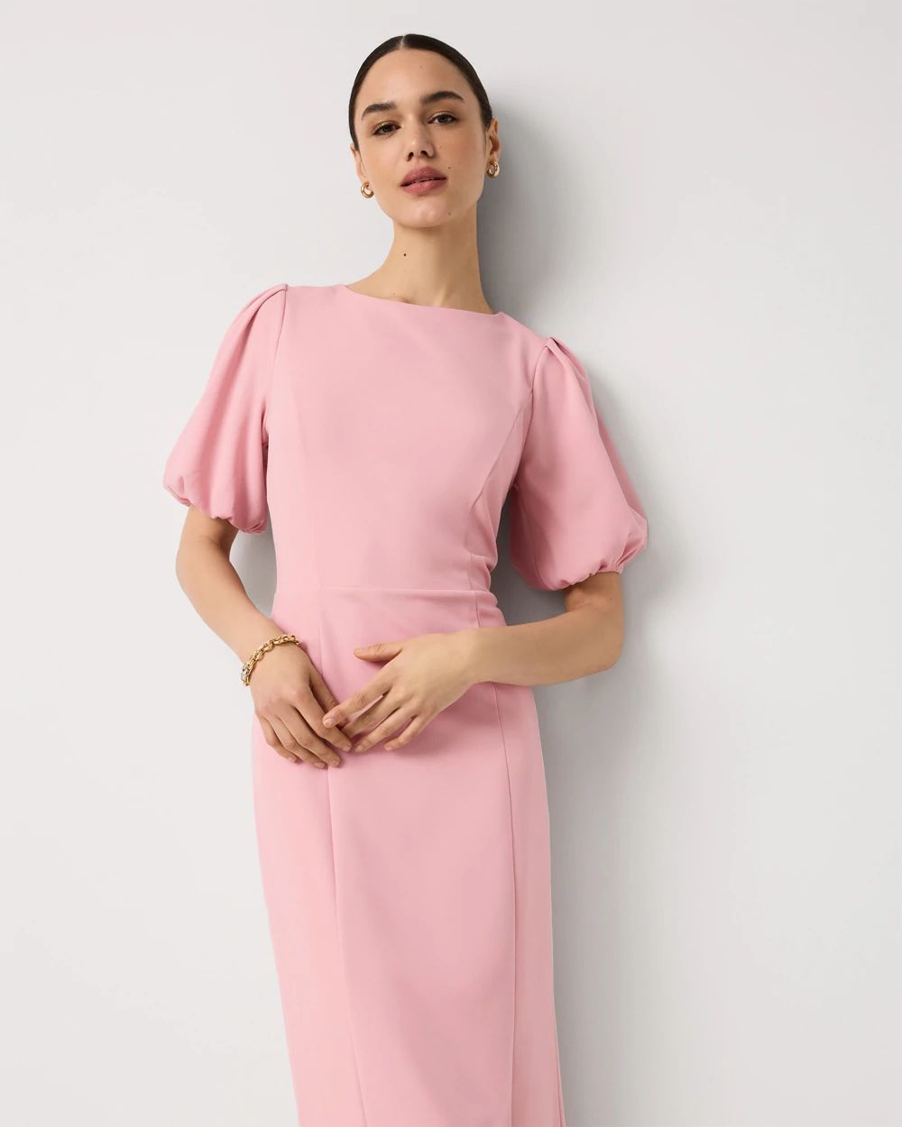 Puff Sleeve Midi Sheath Dress