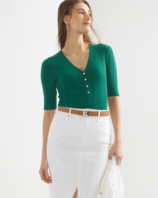 Cashmere Blend Elbow-Sleeve Henley Sweater