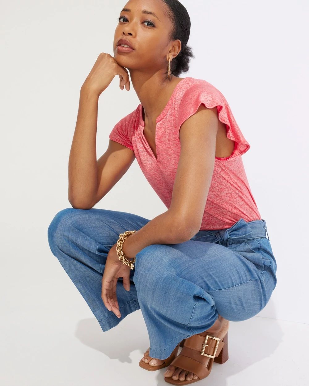Outlet WHBM Notch-Neck Ruffle-Sleeve Tee