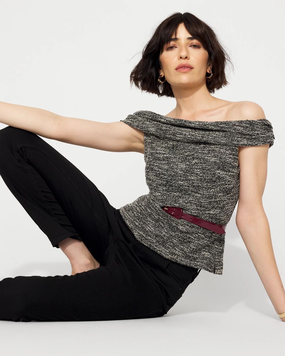 Tweed Off-The-Shoulder Knit Top click to view larger image.