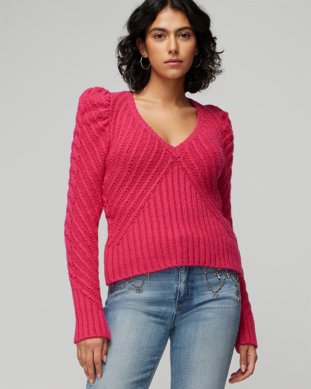 V-Neck Puff Sleeve Cable Pullover Sweater