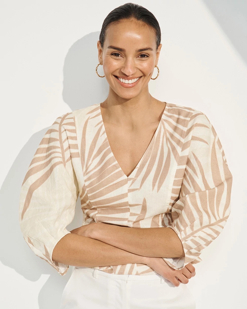 Linen-Blend V-neck Blouse