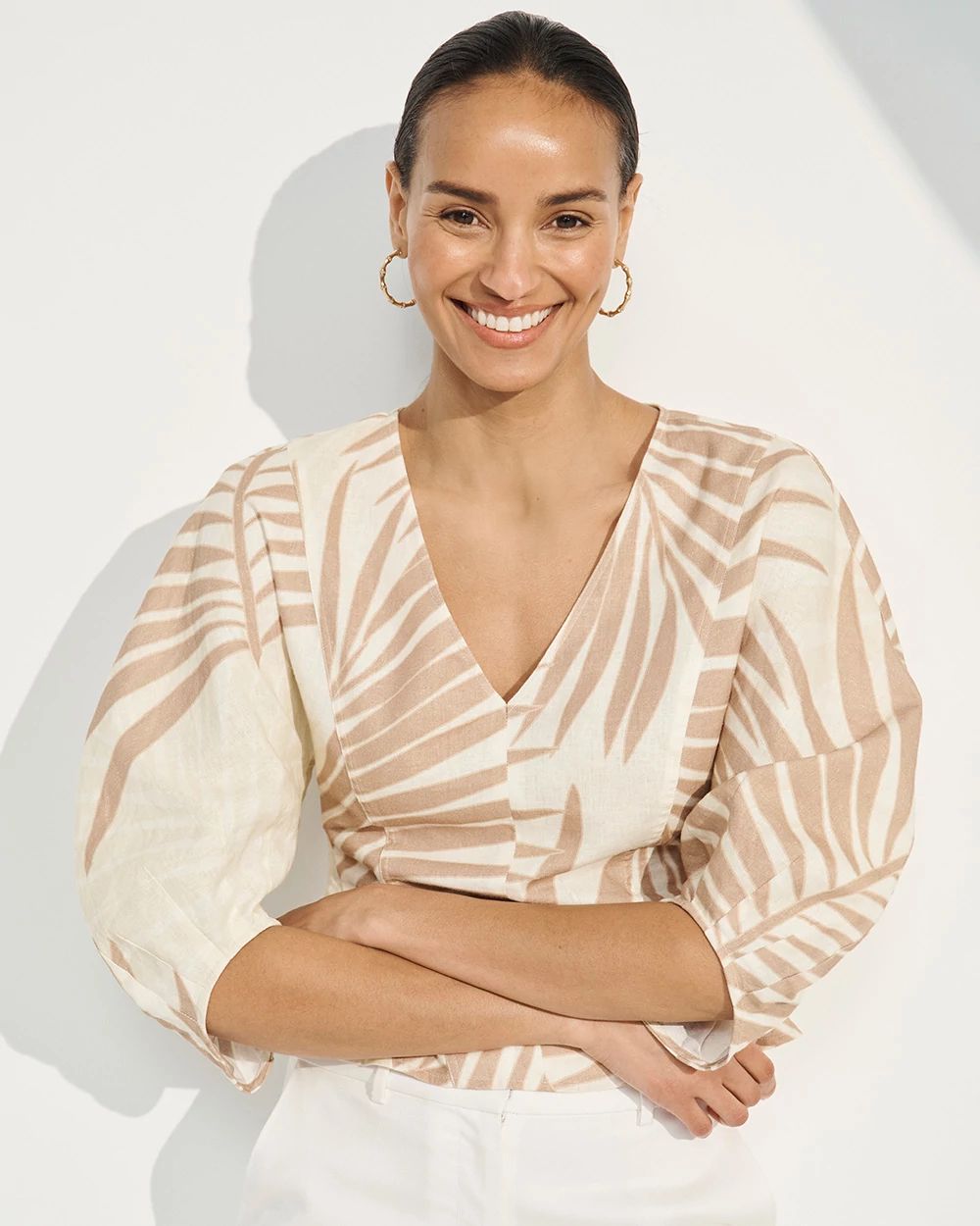 Linen-Blend V-neck Blouse