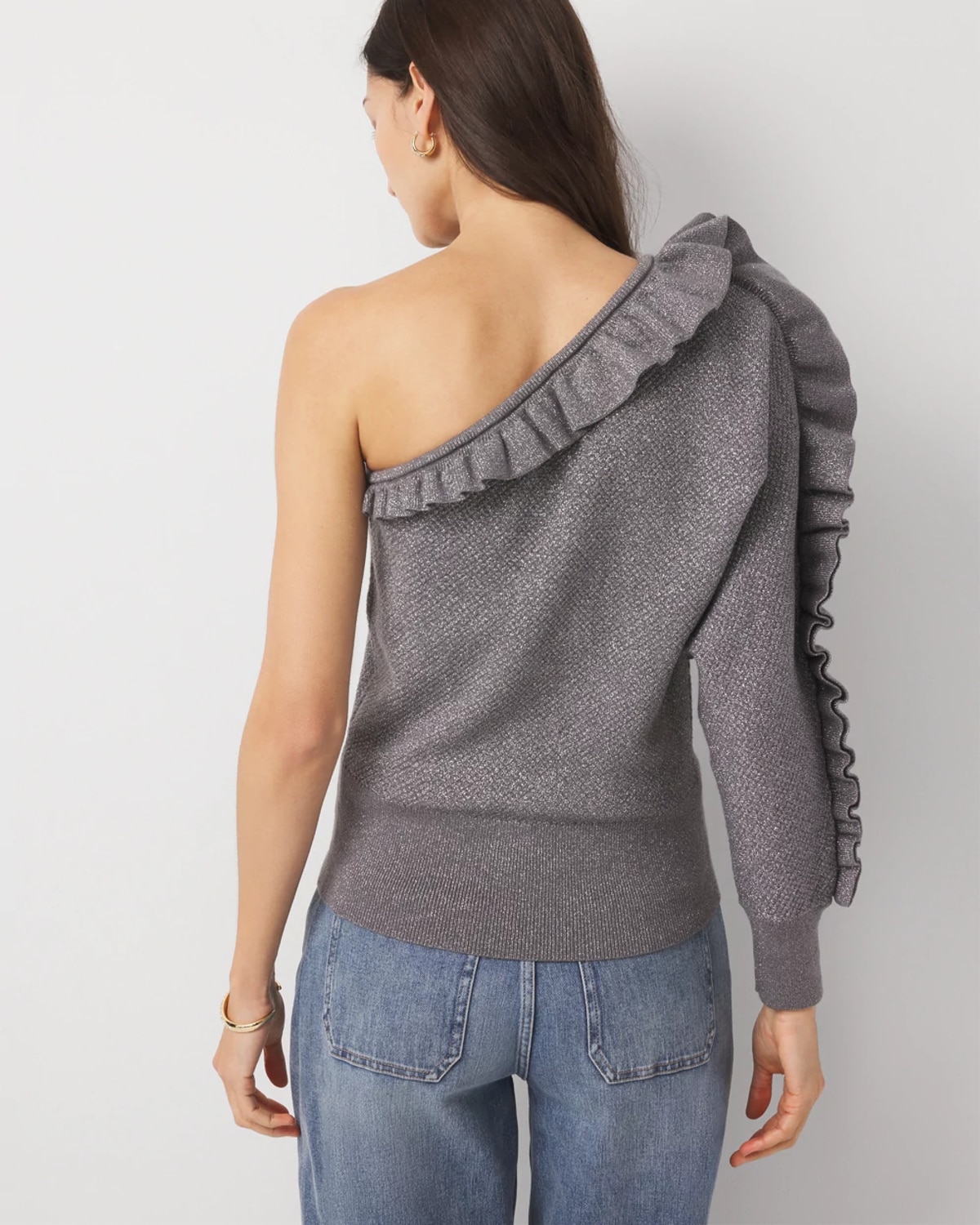 White House Black Market Metallic Ruffle One-shoulder Sweater In Gray