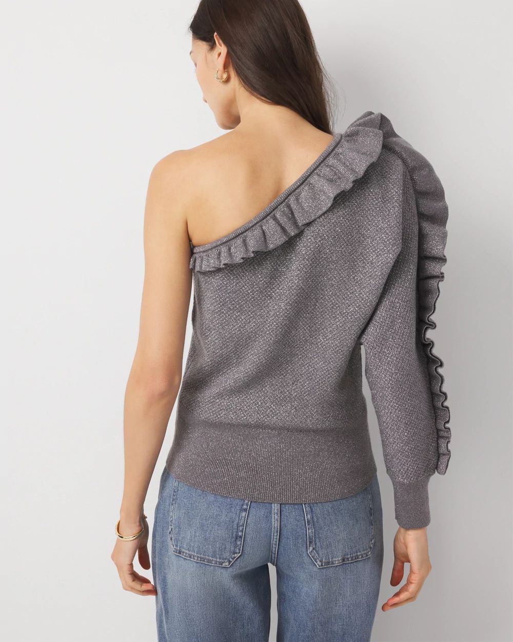 Metallic Ruffle One-Shoulder Sweater click to view larger image.