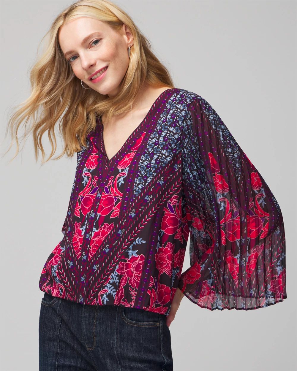 Long-Sleeve Mixed-Print Blouse