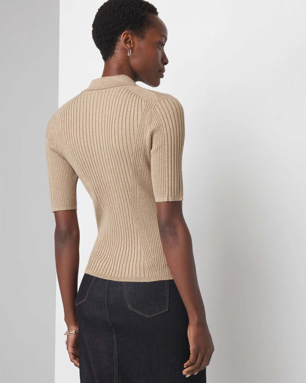 Elbow-Sleeve Ribbed Half-Zip Pullover