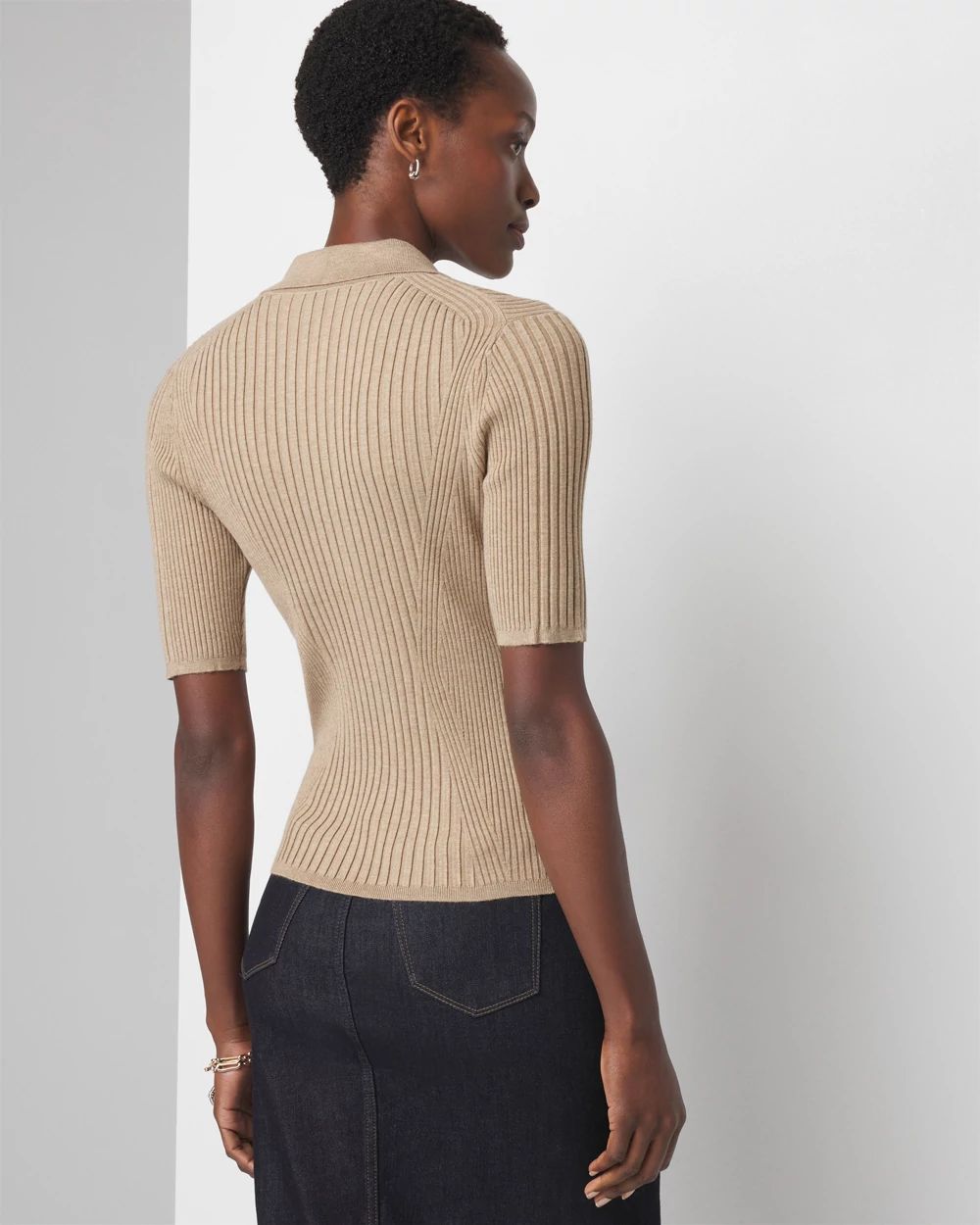 Elbow-Sleeve Ribbed Half-Zip Pullover click to view larger image.