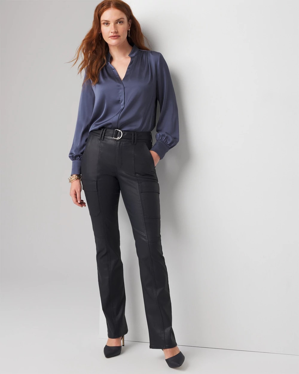 High-Rise Coated Cargo Bootcut Jean