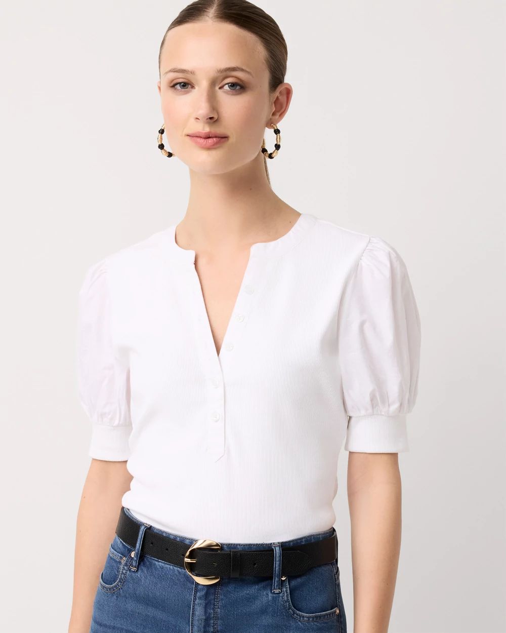 Poplin Puff Sleeve Henley Top