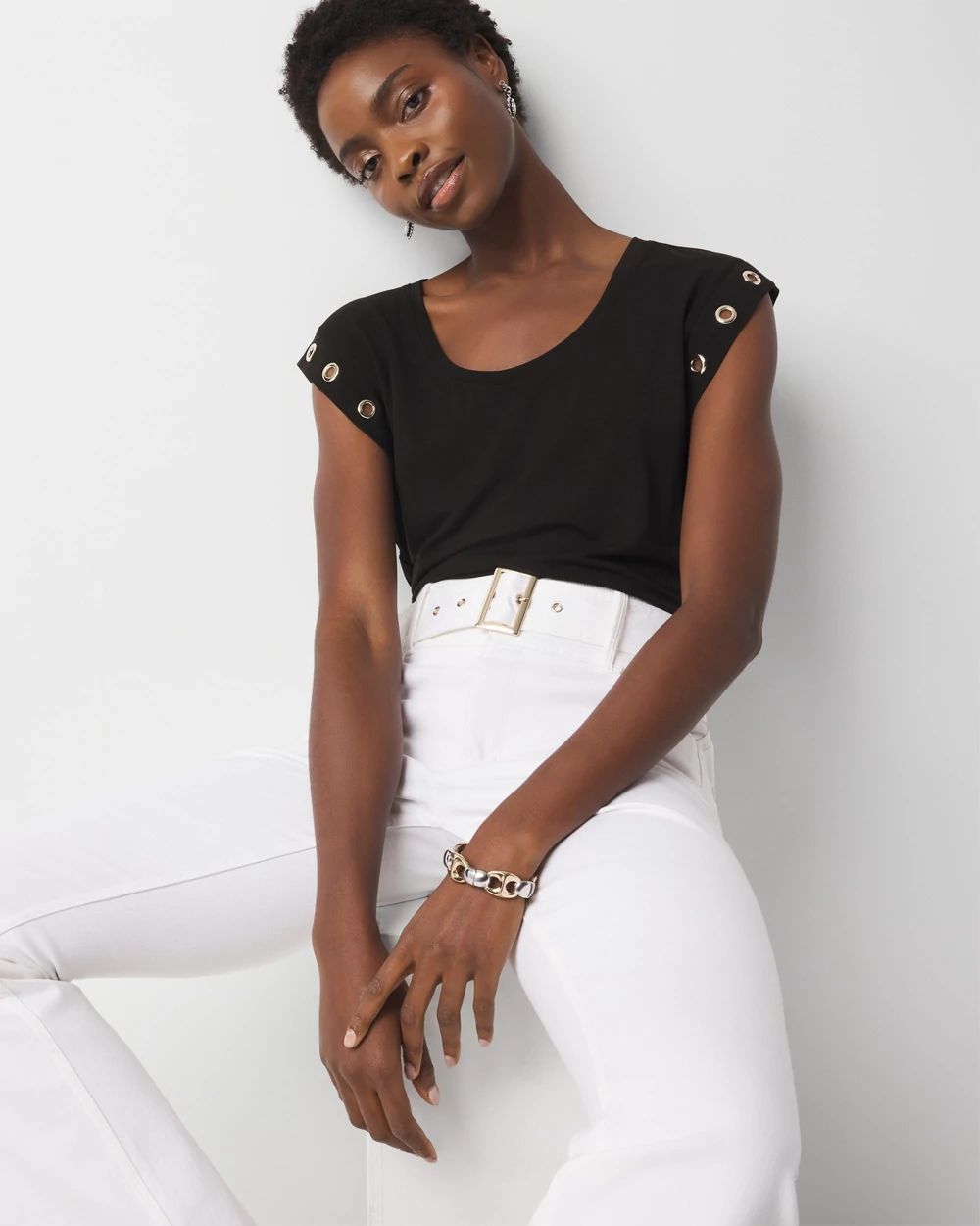 Grommet Cuff Scoop Neck Tee