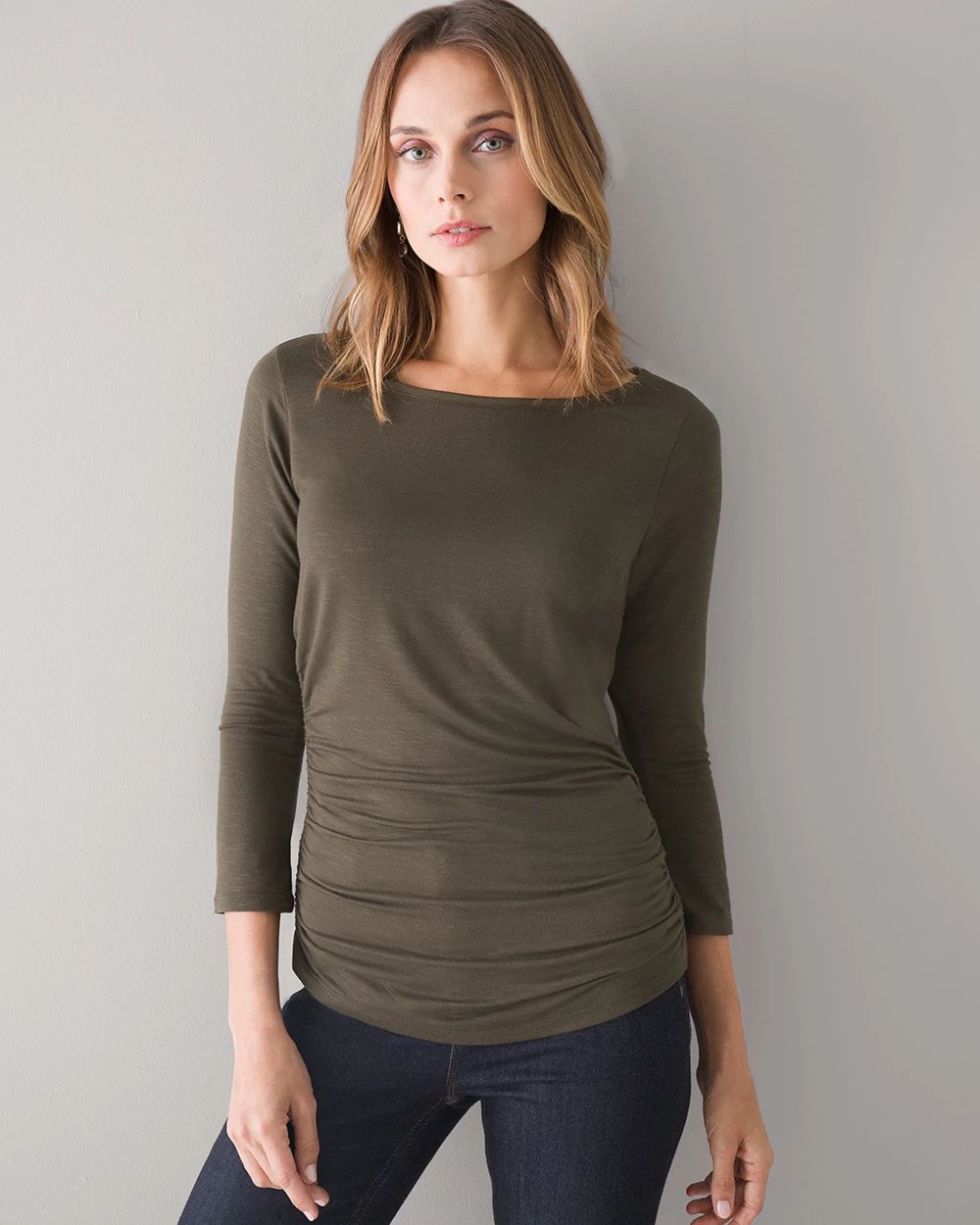 ¾ Sleeve Shirred-Side Knit Tee