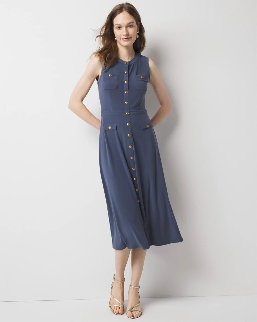 Sleeveless Crest Button Midi Dress