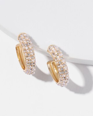 Glass Pearl Pave Huggie Hoop Earrings