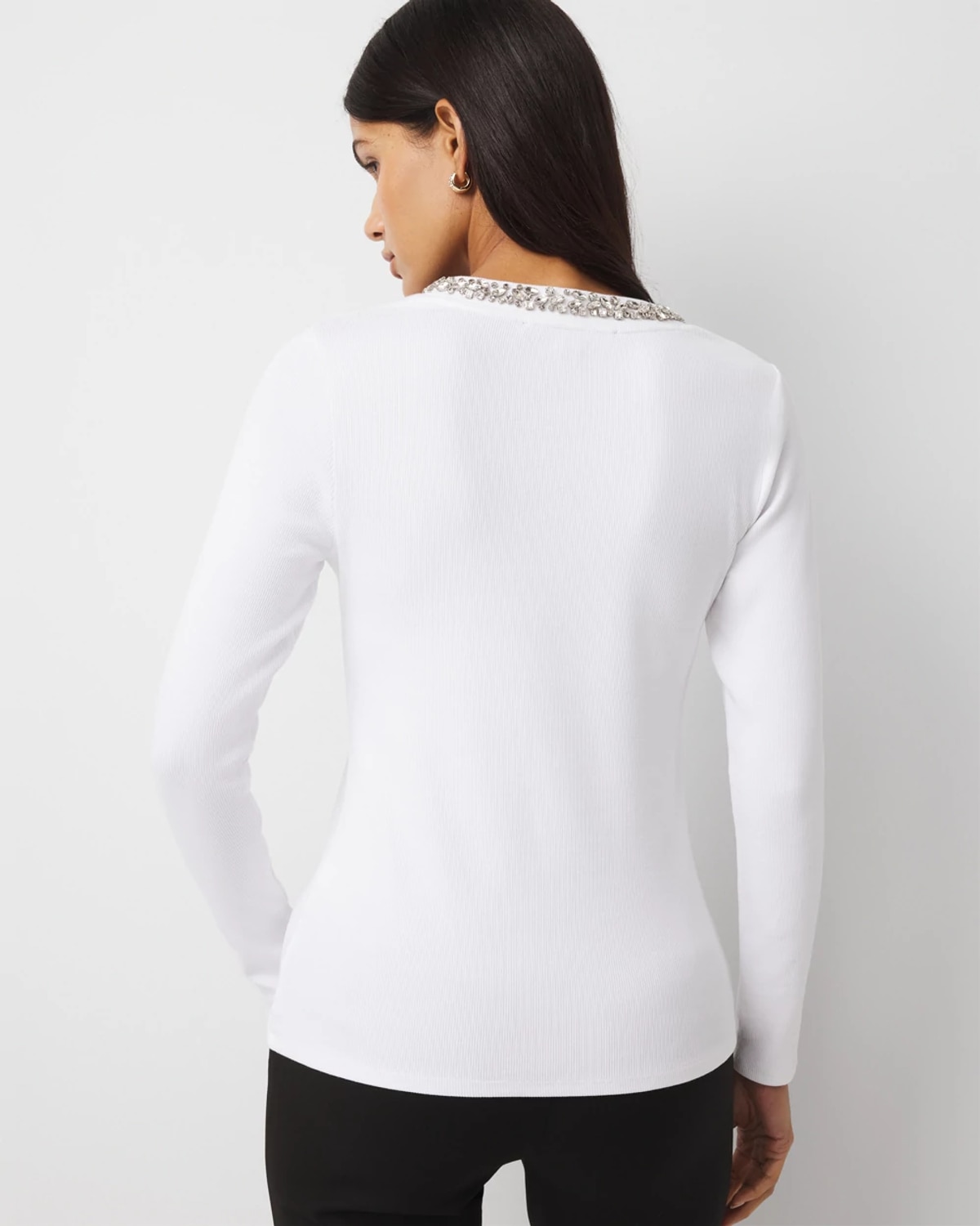 White House Black Market Rhinestone Scoop Neck Rib-knit Tee In White
