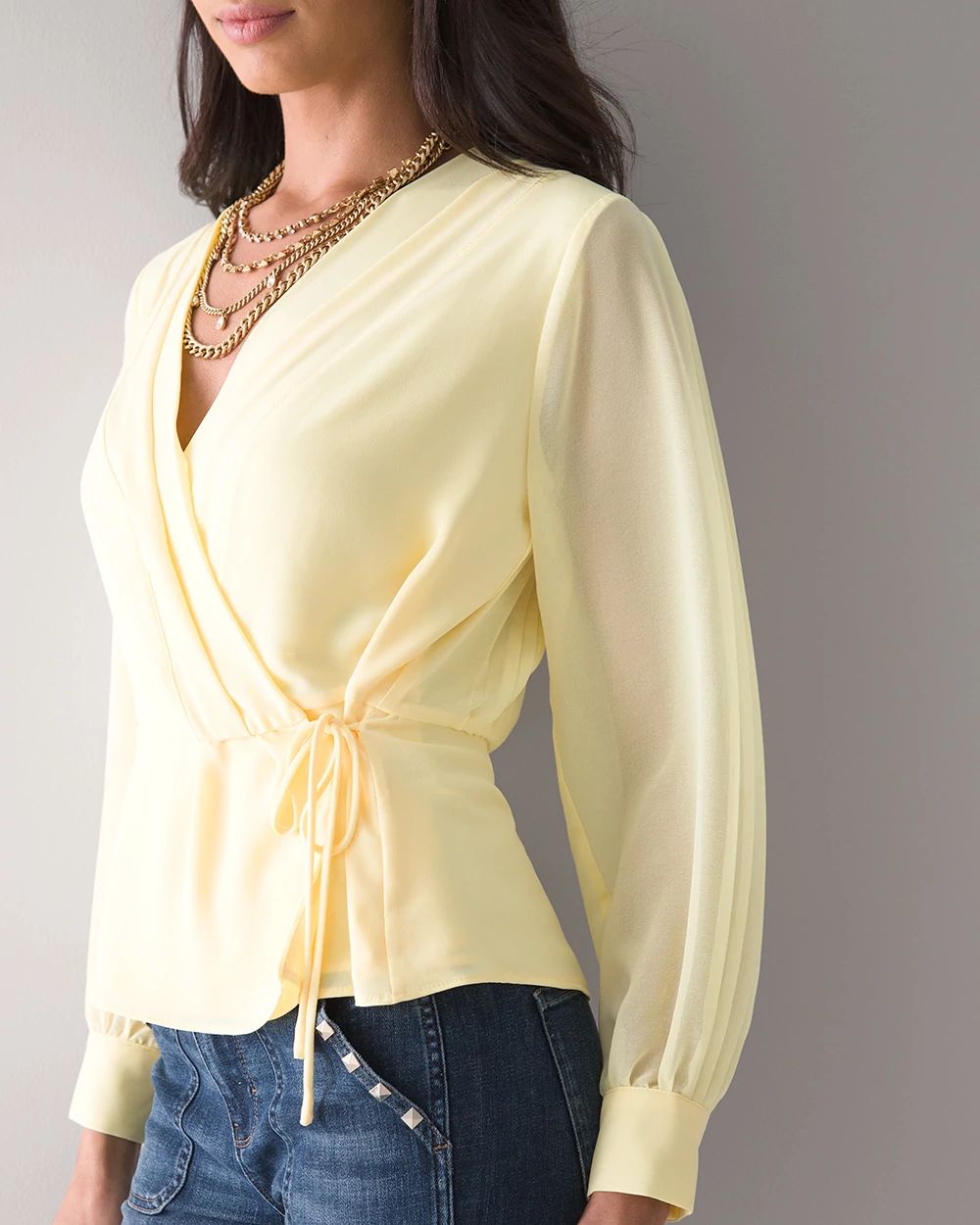 Long-Sleeve Pleat-Back Surplice Blouse click to view larger image.