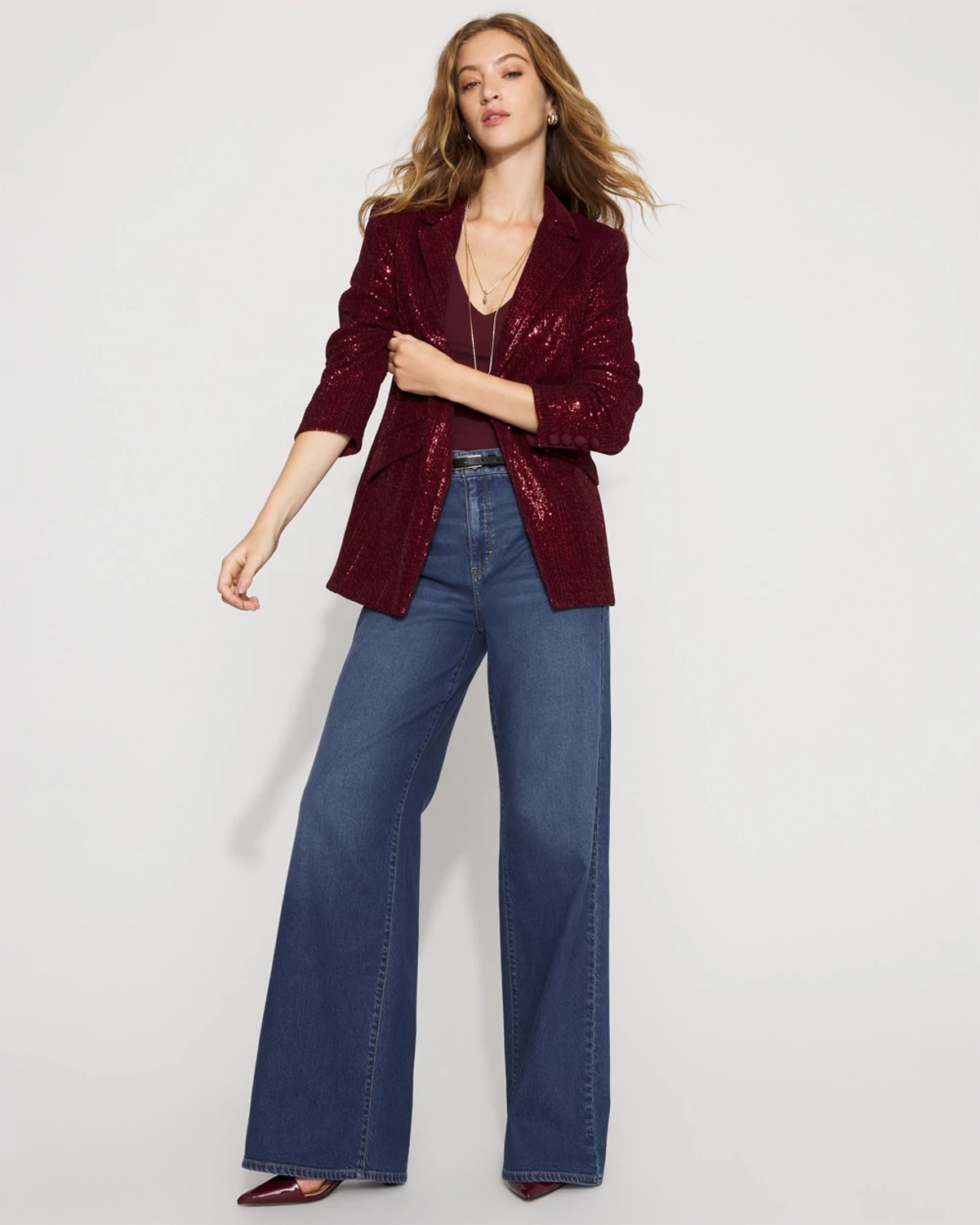 White House Black Market Petite One-button Sequin Blazer In Burgundy