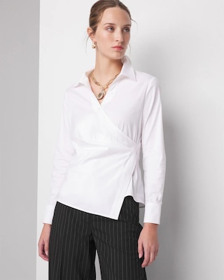 Petite Long Sleeve Surplice Poplin Shirt