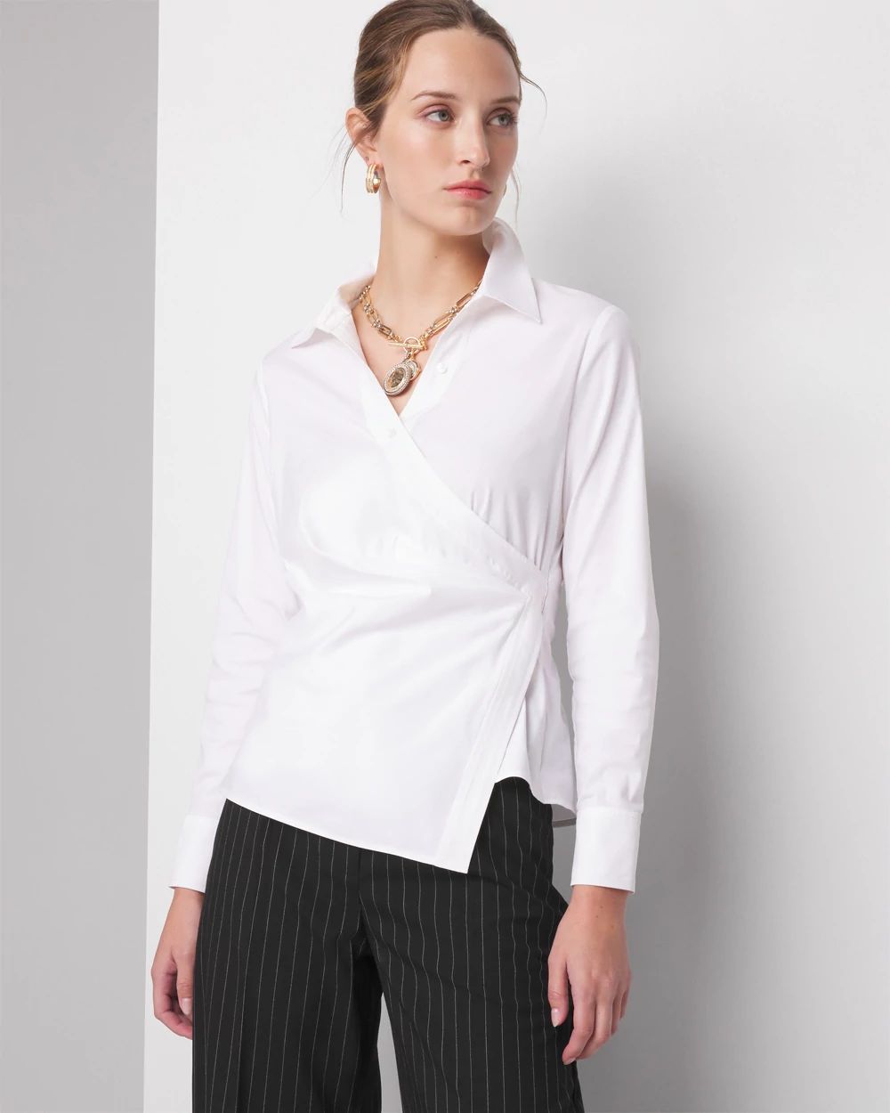 Petite Long Sleeve Surplice Poplin Shirt