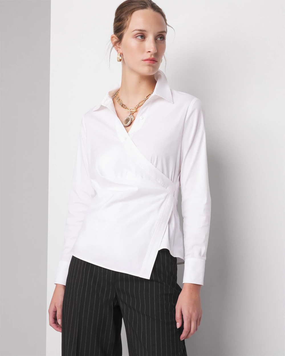 Petite Long Sleeve Surplice Poplin Shirt