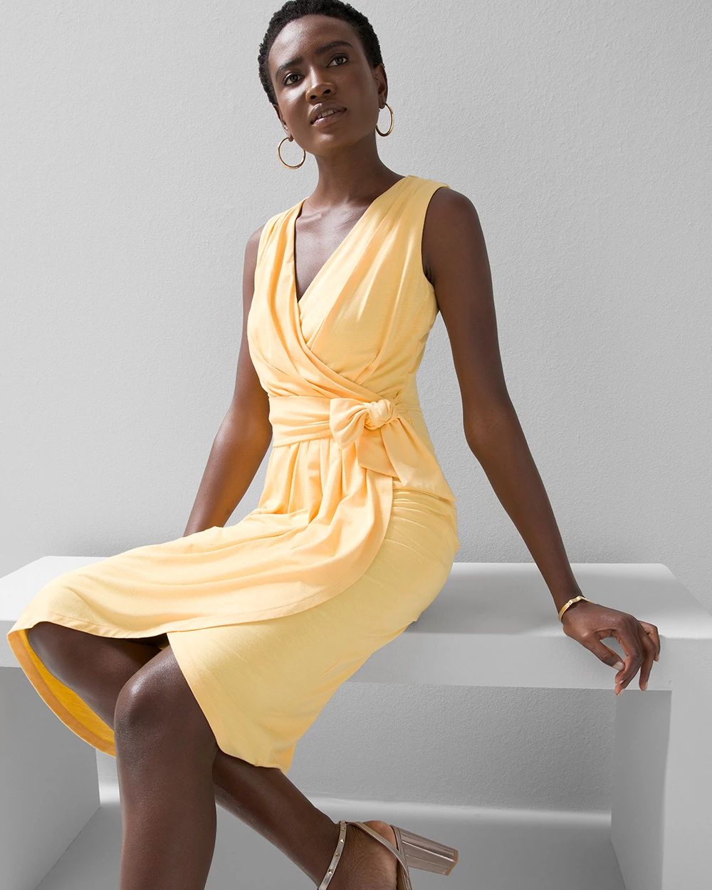 Sleeveless Draped Slub Sheath Dress