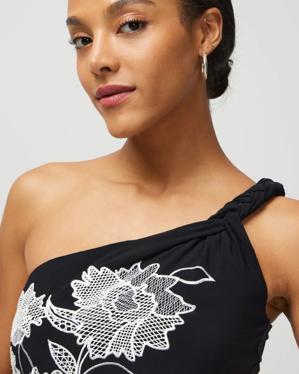 One-Shoulder Embroidered Matte Jersey Midi Dress