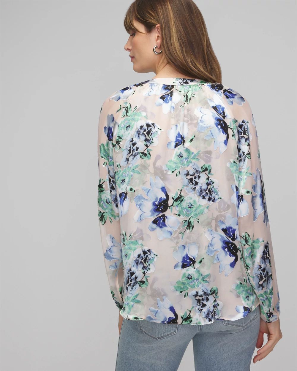Long Sleeve Floral Silk Burnout Blouse click to view larger image.