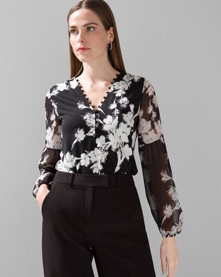 Matte Jersey Floral Sheer Sleeve Blouse
