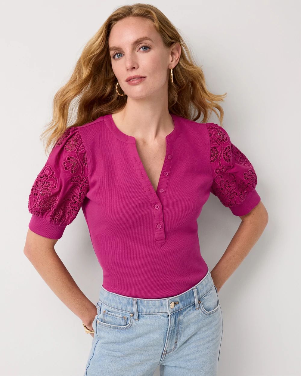 Poplin Eyelet Puff Sleeve Henley Top