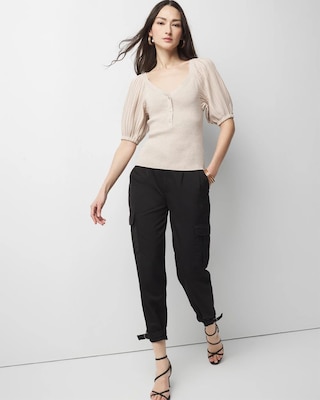 Pleated Puff-Sleeve Henley Sweater click to view larger image.