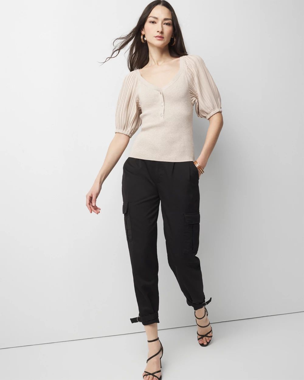 Pleated Puff-Sleeve Henley Sweater