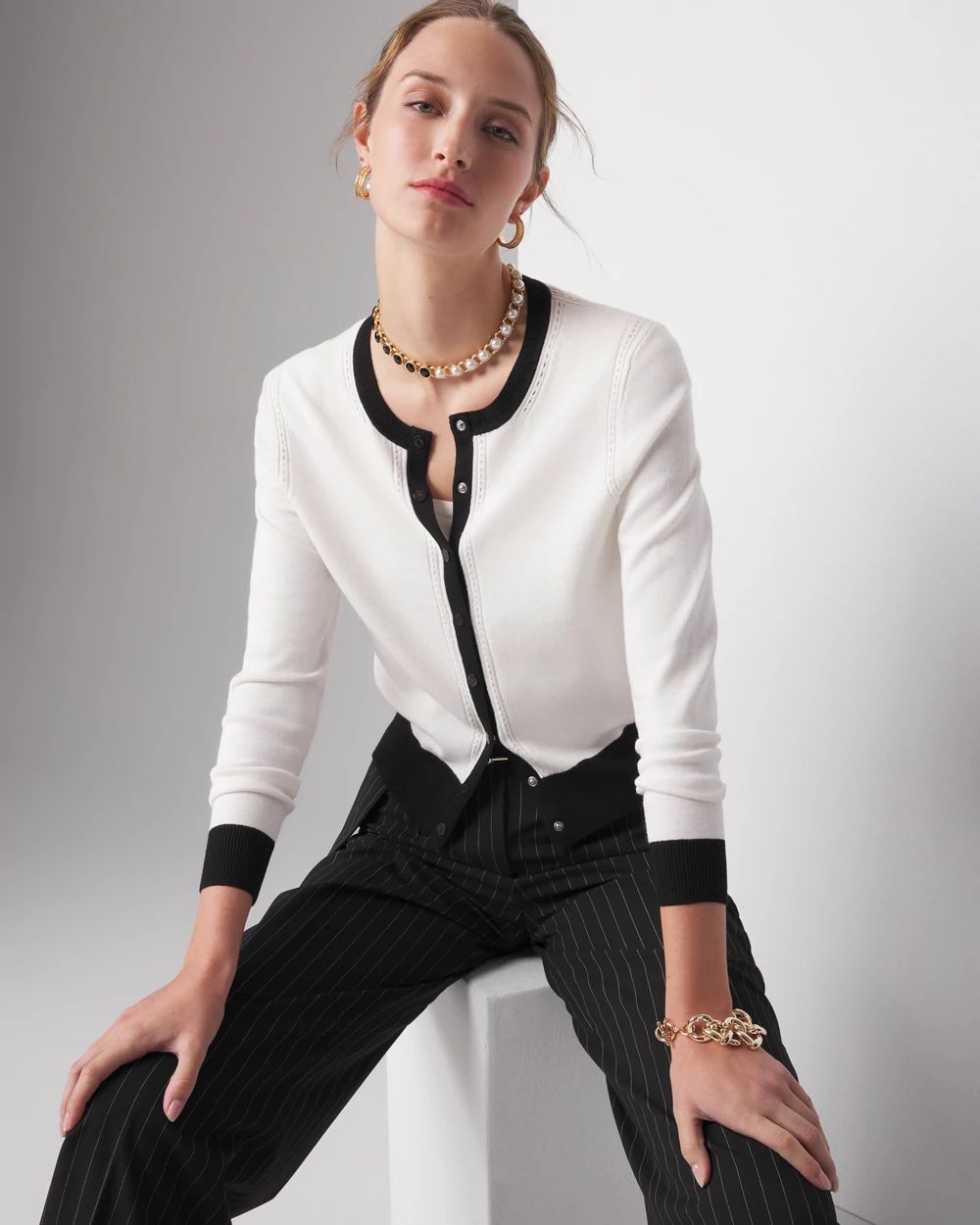 Petite Black + White Colorblock Cardigan