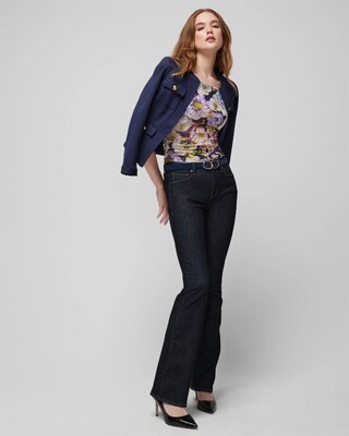 Elbow Sleeve Printed Mesh Ruched Tee