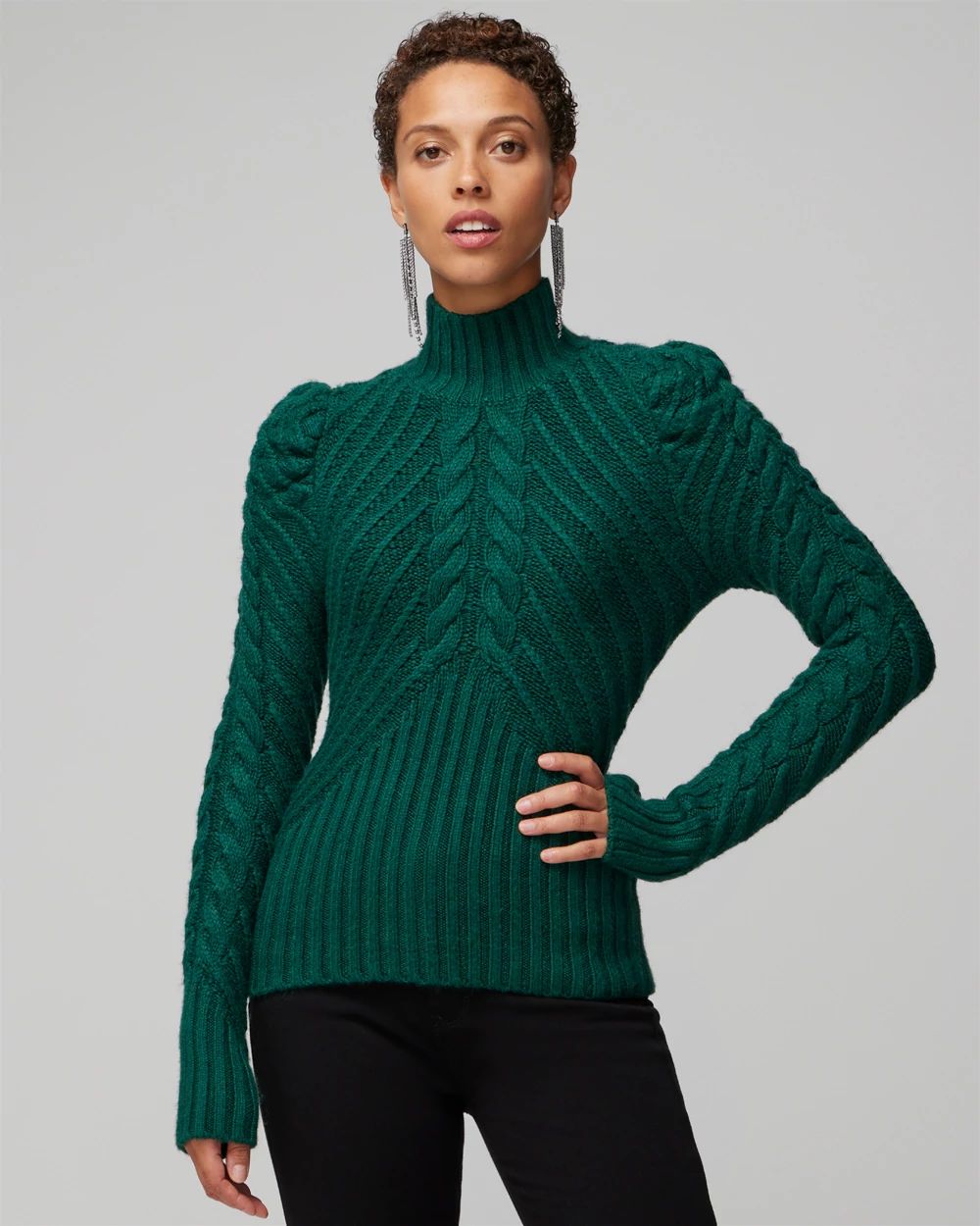Puff Sleeve Cable Mockneck Sweater