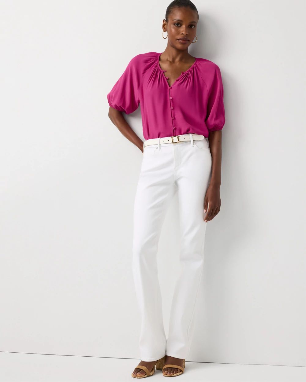 Elbow Sleeve Button Front Blouse click to view larger image.