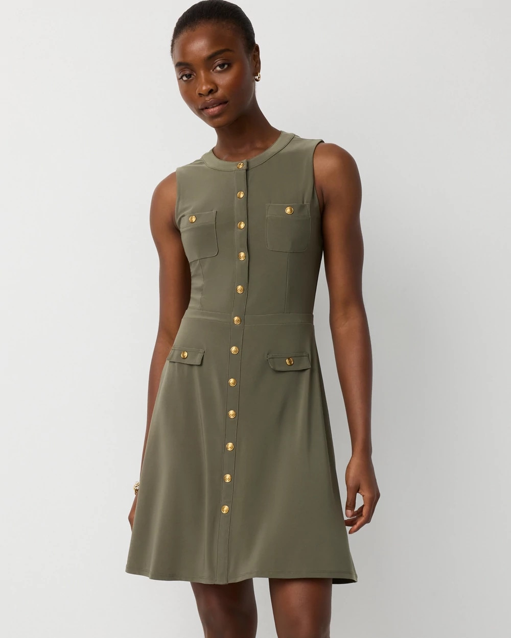 button front dress Women's Sleeveless in Green size XL Made from soft organic cotton calvary twill Blue Cotton Poplin Fit and