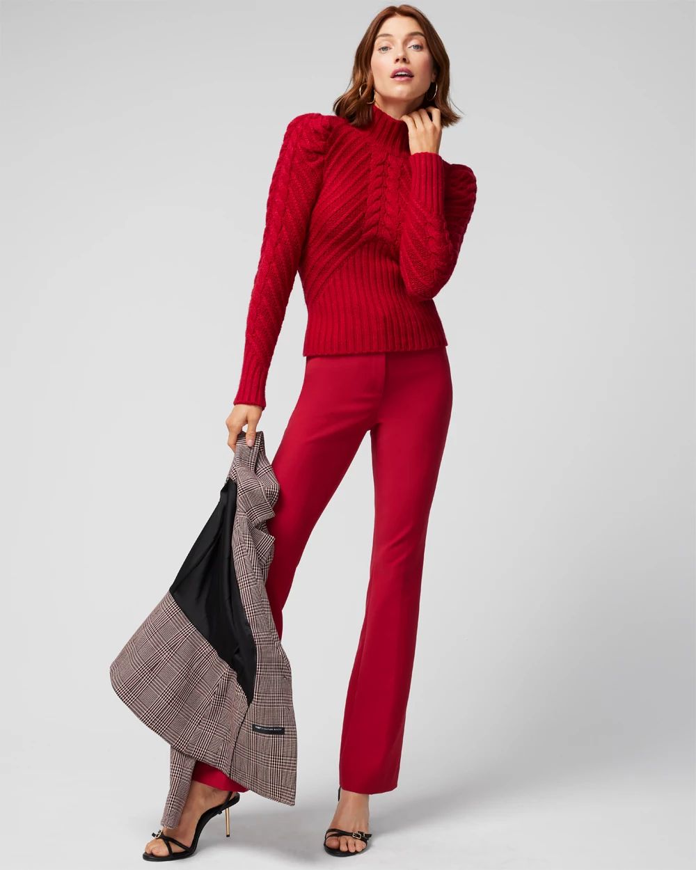 Petite Puff Sleeve Cable Mockneck Sweater click to view larger image.