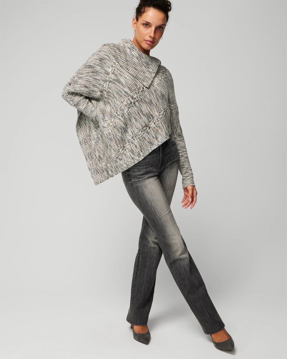 Petite Zip Neck Marled Poncho click to view larger image.