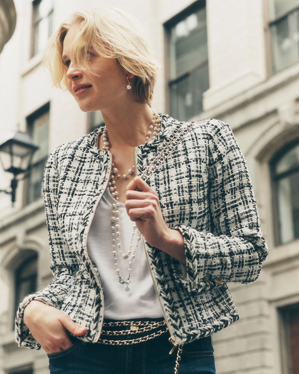 Women s Braided Trim Tweed Jacket in White Size 4 White House Black Market