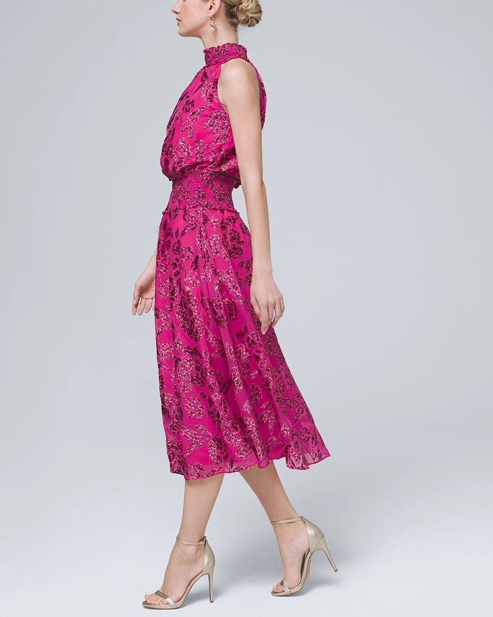 Floral Burnout Smocked-Neck Midi Dress