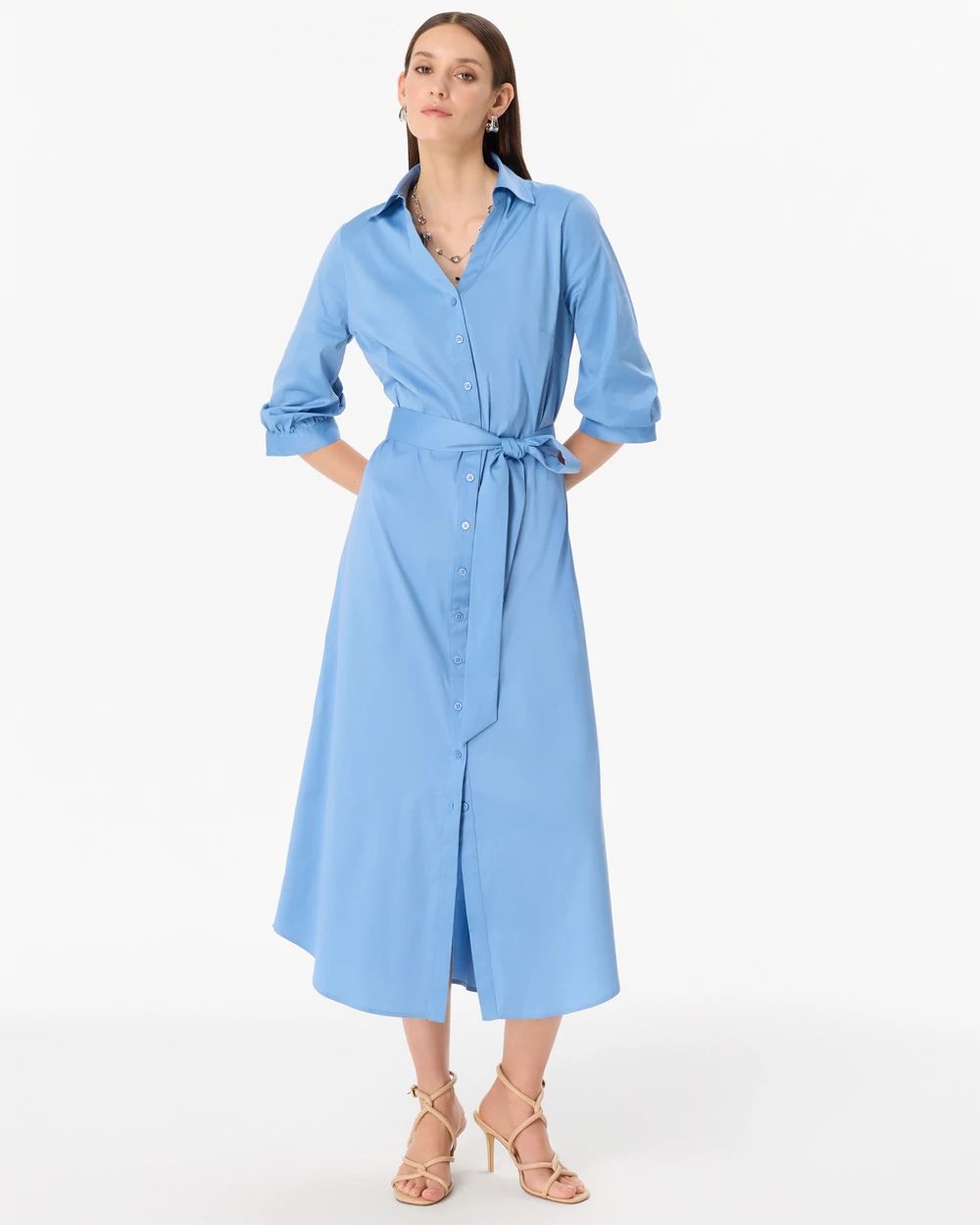 Elbow Sleeve Midi Shirt Dress