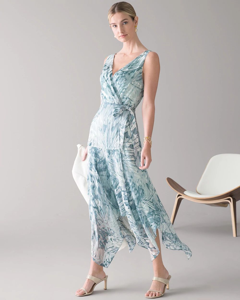 Sleeveless Silk Burnout Faux Wrap Dress
