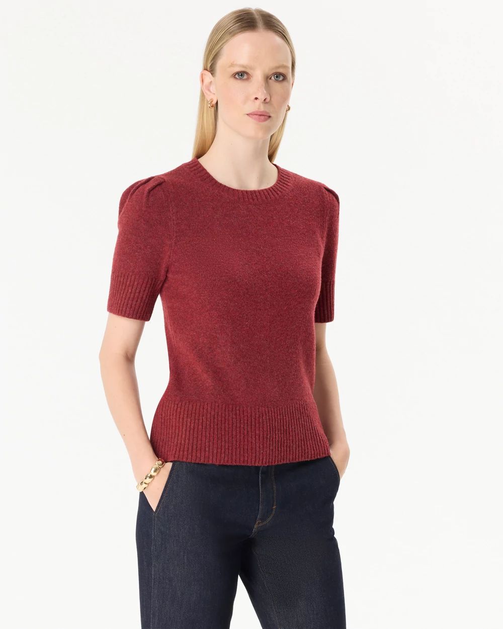 Crew Neck Elbow Sleeve Pullover