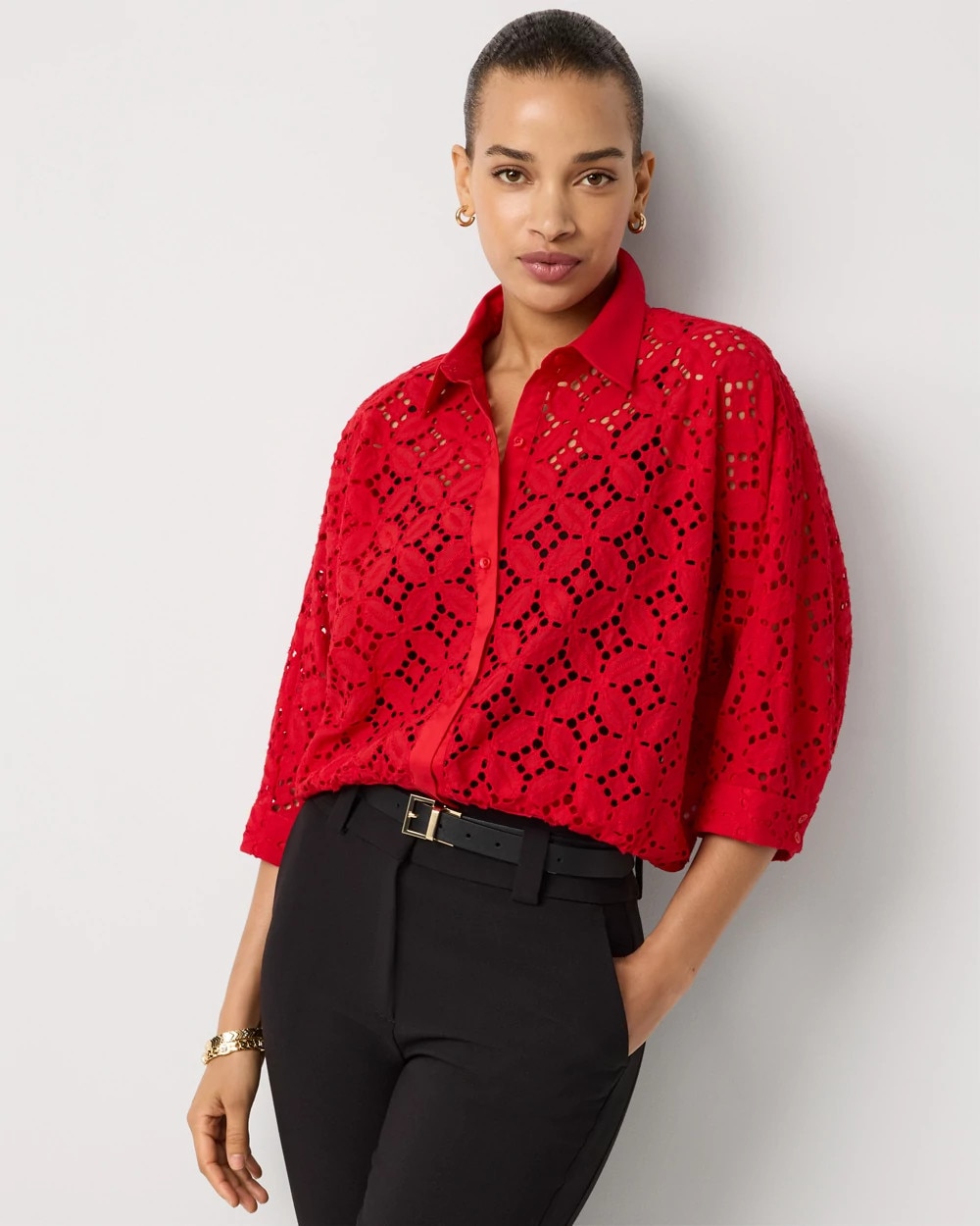 Eyelet Button Front Cotton Shirt - image 1