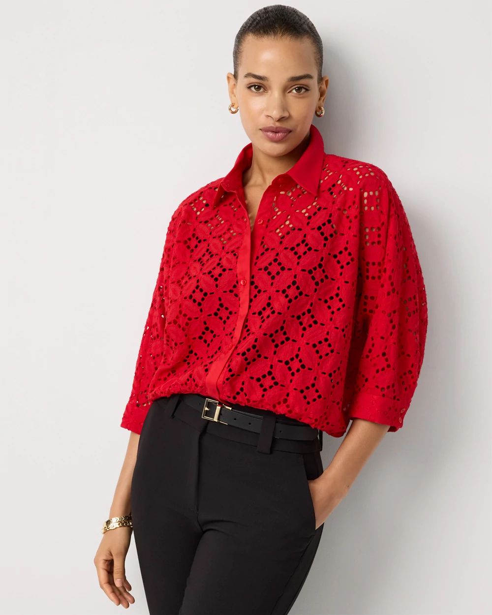 Eyelet Button Front Cotton Shirt
